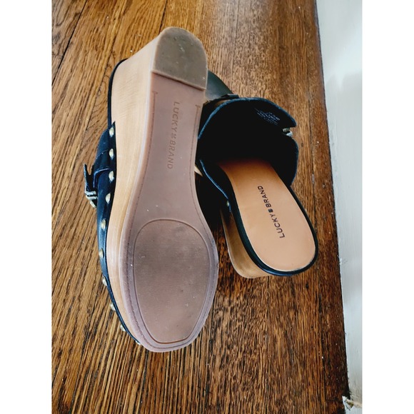Lucky Brand Leather Wedge Clog Mules Black Studded Buckle Leather 9.5 - Picture 8 of 16